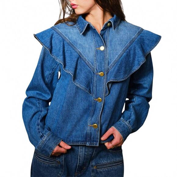 NEW BLUE B diagonal ruffled long sleeves denim jacket in med wash - Picture 4 of 4